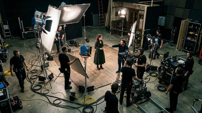 High angle view of a film crew shooting a scene on a soundstage. Director instructing an actress in a period costume on a movie set