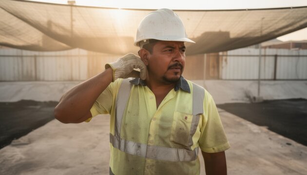 Latino construction worker wiping sweat from his neck in extreme heat on a dusty job site for climate change and labor safety coverage