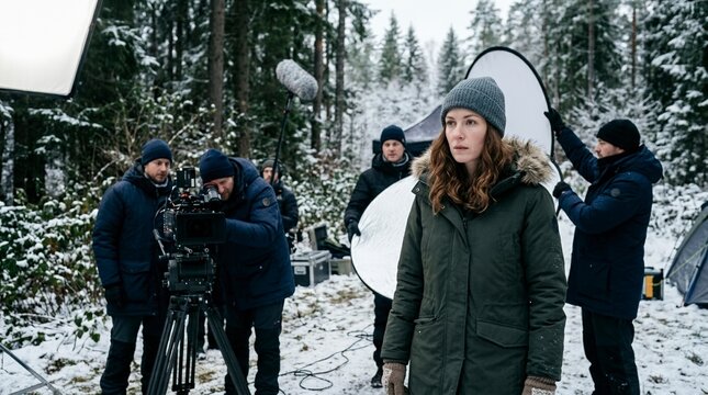 Actress performing in a snowy winter forest during a film shoot. Crew working behind the scenes with camera and sound equipment outdoors