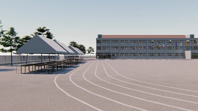 小学校の運動会グラウンド 会場設営風景 3DCGアニメーション背景