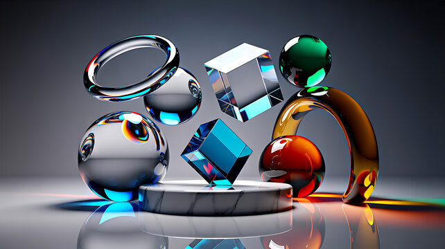 Colorful 3 d rendering of floating glass and metal spheres, cubes, and rings on a reflective surface