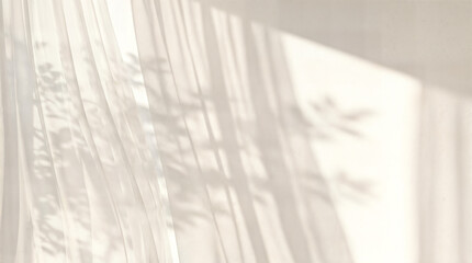 Minimalist sheer curtain shadows on beige wall, soft sunlight window light pattern, airy home interior background texture © GraphicsWorld