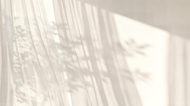 Minimalist sheer curtain shadows on beige wall, soft sunlight window light pattern, airy home interior background texture