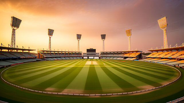Empty cricket stadium with green field and floodlights at sunset empty stadium