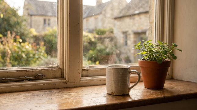 Steaming coffee mug and potted mint plant on a sunlit cottage windowsill