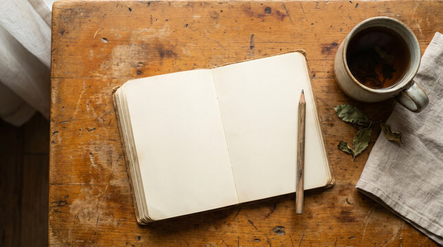 Overhead flat lay of an open blank notebook with pencil and tea on a rustic wooden table