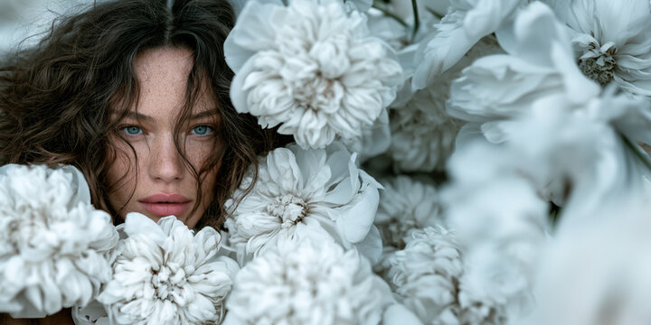 Woman resting among white flowers in soft natural light close up portrait