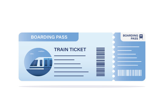 Blue train ticket or boarding pass template. Modern locomotive icon on the left, text lines for travel details, barcode and detachable stub, perfect for transit concepts.