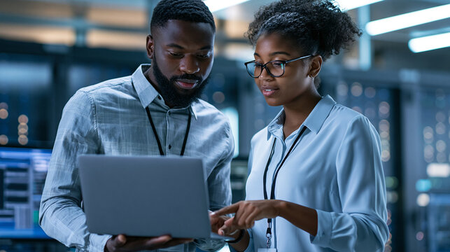 Faceless Black male IT specialist and female cybersecurity expert working together in high-tech data center reviewing security logs on laptop, network security concept, technology