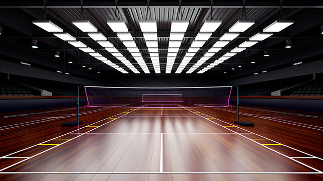 Indoor badminton court with wooden floor, net, and empty seating indoor sports empty stadium