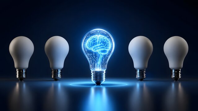Unique glowing digital blue brain lightbulb standing among ordinary white bulbs representing machine learning concepts, advanced technology innovation, and unique creative thinking