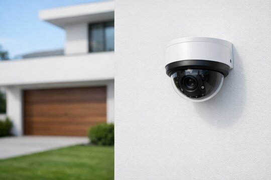 Outdoor security camera on modern smart home exterior wall. Ai generative