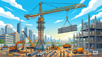 Naklejka premium Construction site with crane and workers.
