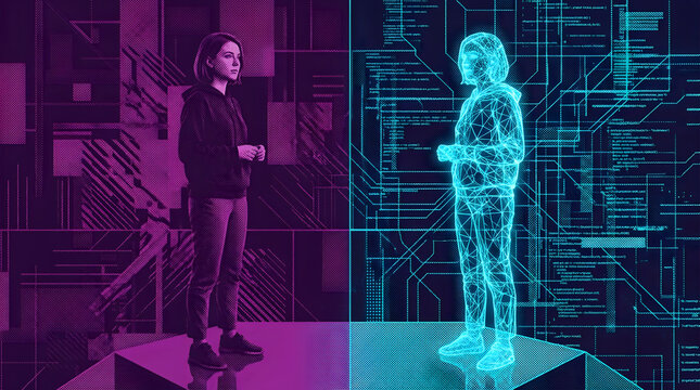 Three dimensional human figure digital wireframe mesh twin depicting advanced body motion capture analysis and cybernetic twin representing next generation wearable electronics hlaftone effect 