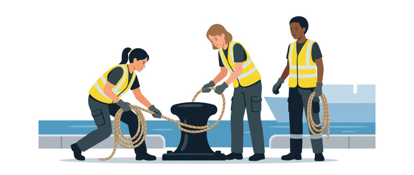 Diverse dockworkers securing ship with rope on bollard at harbor, teamwork illustration