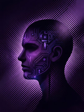 AI human head profile silhouette with glowing virtual intelligence nodes representing artificial intelligence memory systems hlaftone effect 