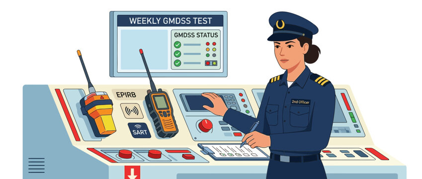 Maritime Officer Performing GMDSS Test on Ship Bridge Communications Console