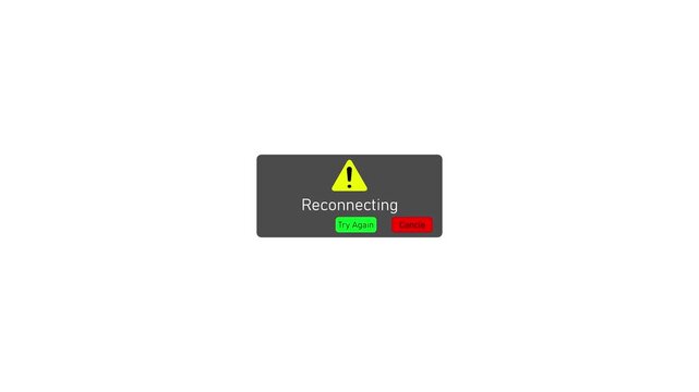 Reconnecting network error notification pop-up with try again and cancel buttons on white background