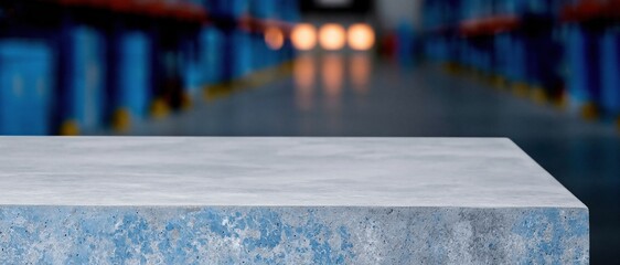 Empty concrete table in a food bank warehouse provides copy space for humanitarian aid and logistics product displays