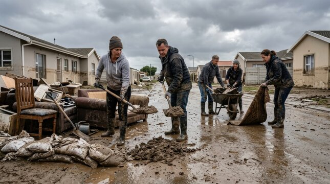 Volunteers clearing thick mud from a residential street after a flood, showcasing a gritty community cleanup with shovels and sandbags for disaster relief themes