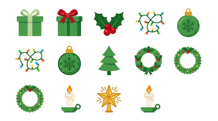 Fototapeta premium Set of festive winter holiday icons featuring evergreen trees wreaths gifts and decorative lights rendered in a clean and minimal flat vector design style