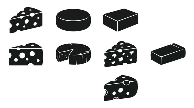 Cheese silhouette set wedges wheels blocks pyramid slices dairy food black white vector illustration culinary nutrition cooking design for restaurant projects