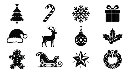 Christmas icon silhouette set tree candy cane snowflake gift Santa hat reindeer ornament wreath black white vector illustration festive holiday design projects © Stockify