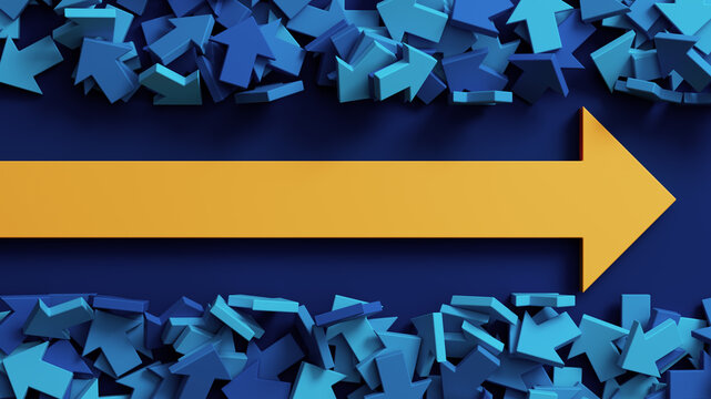 Yellow Arrow Moving Forward Through Blue Arrows Representing Leadership Direction Strategy And Business Growth