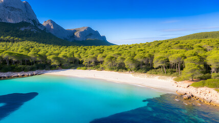 Obraz premium Aerial view of a serene beach with turquoise water, surrounded by lush green trees and rugged mountains