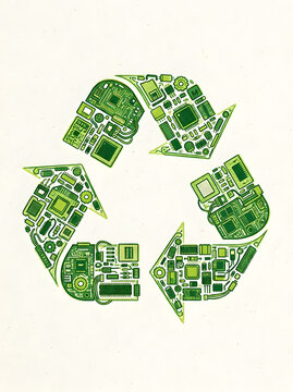 E-waste recycling sign composed of electronic computer microchip parts representing green technology recycling and electronic waste hardware hlaftone effect 