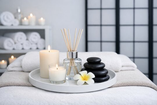 Calm spa setting with candles, stones and aroma sticks on towels. Ai generative