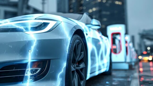 EV electric vehicle charging station background for future transport story, epic energy power flow for sustainable green innovation.