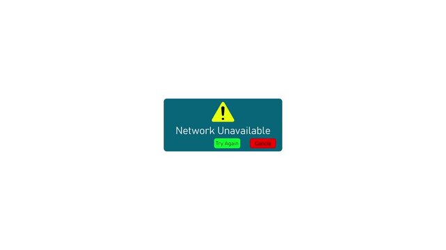 Network unavailable error message pop-up notification on screen with try again and cancel buttons connection