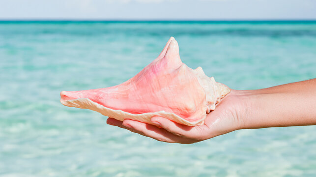 Hand Holding sea ​​shell Over Clear Blue Ocean Water Summer Refreshment