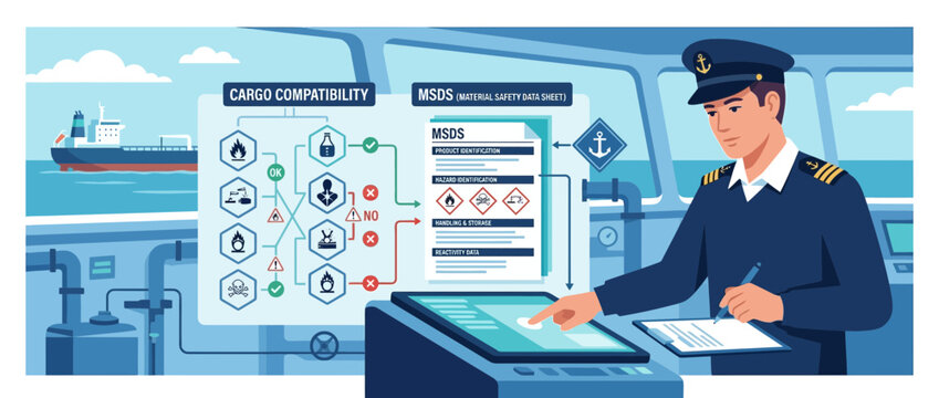 Maritime Captain Using Digital Display for Cargo Compatibility and MSDS Safety on Ship Bridge