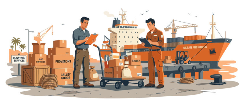 Dockworkers checking cargo with ship and containers at a busy port, logistics and shipping concept.