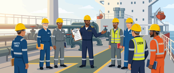 Obraz premium Maritime Crew Meeting on Deck Ship, Safety Briefing, Officer Explaining Document