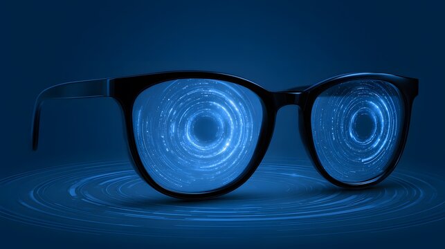 Abstract illustration of stylish spectacles reflecting mesmerizing blue radial patterns, symbolizing advanced technology, data visualization, or cybernetic vision in a futuristic context