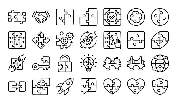 Puzzle compatible outline icon set with jigsaw agreement teamwork collaboration and connection symbols isolated vector