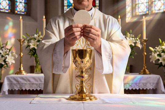 Priest preparing host in church