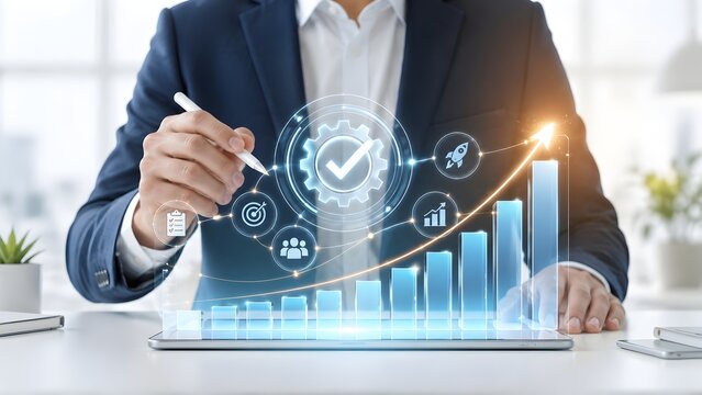 Professional businessman leveraging futuristic technology, interacting with a holographic display to analyze data and drive business growth strategies.
