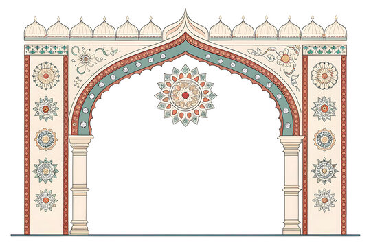 Empty heritage arch with simple mandala details, minimalist vector, muted festive colors, isolated on white background