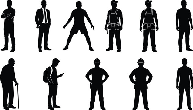 Diverse men silhouette vector collection featuring business construction worker student and senior citizen characters