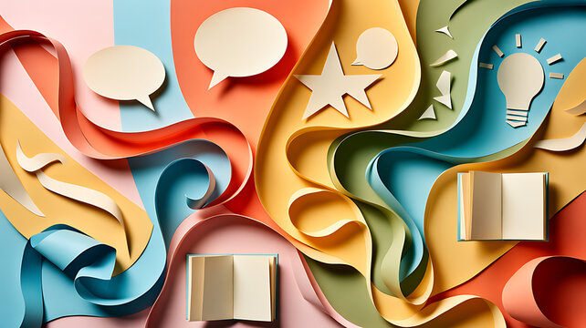 Colorful paper cutout with books, speech bubbles, and light bulb