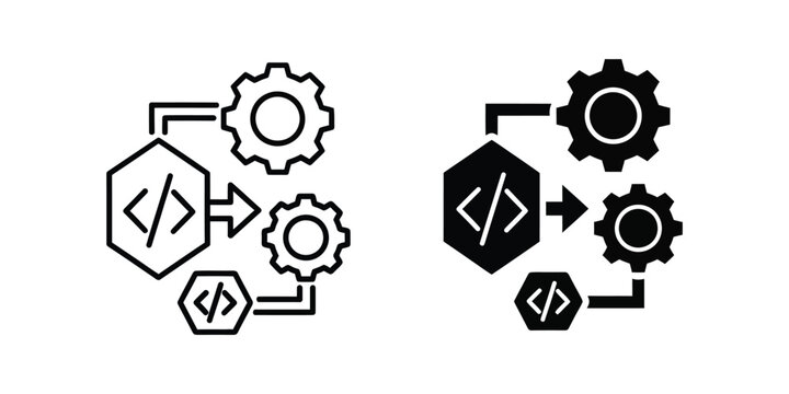 Software development coding process with gear and code symbols in outline and solid black styles programming