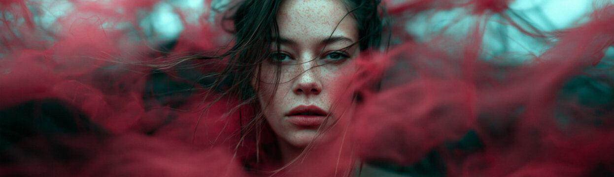 Portrait of woman with flowing red fabric in dramatic low light close up