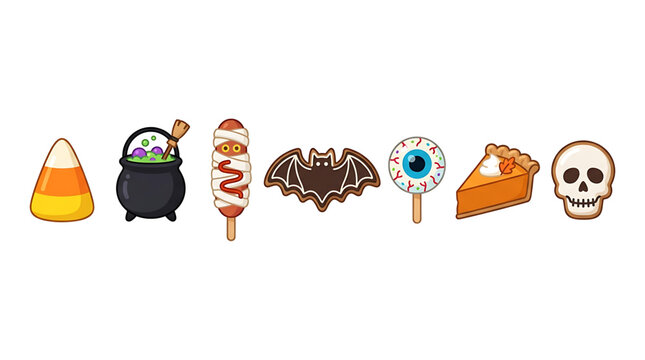 Set of festive spooky holiday icons featuring candy corn cauldron mummy hot dog bat cookie eyeball pop pumpkin pie slice and a cartoon human skull