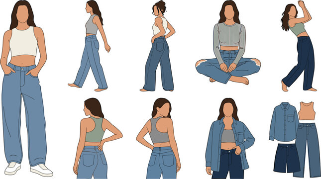 Flat Vector Set of Young Woman Character Poses Modeling Casual Urban Apparel Outfits with Denim Jeans and Crop Tops for Fashion Design Illustrations