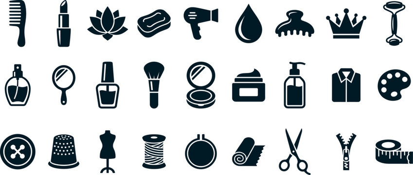 Beauty and sewing icons set featuring skincare products makeup tools and tailor equipment.