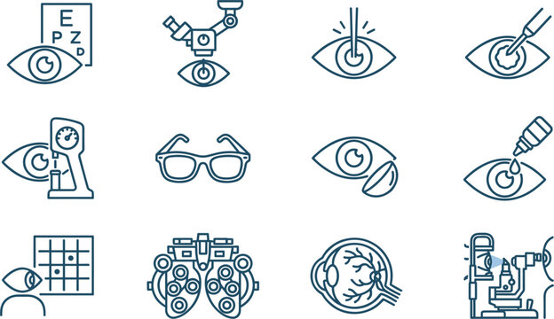 Ophthalmology and Optometry Line Icon Set Featuring Laser Eye Surgery Phoropter Refraction Tester Contact Lenses Eyeglasses and Diagnostic Equipment Vectors